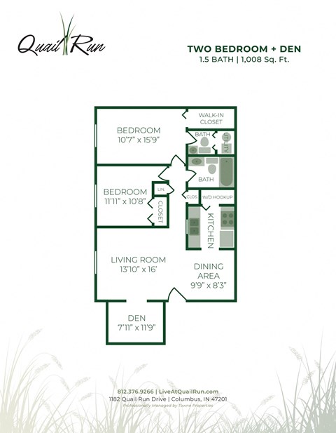 Floor plan for 2 beds, 1.5 baths, 1008 sqft